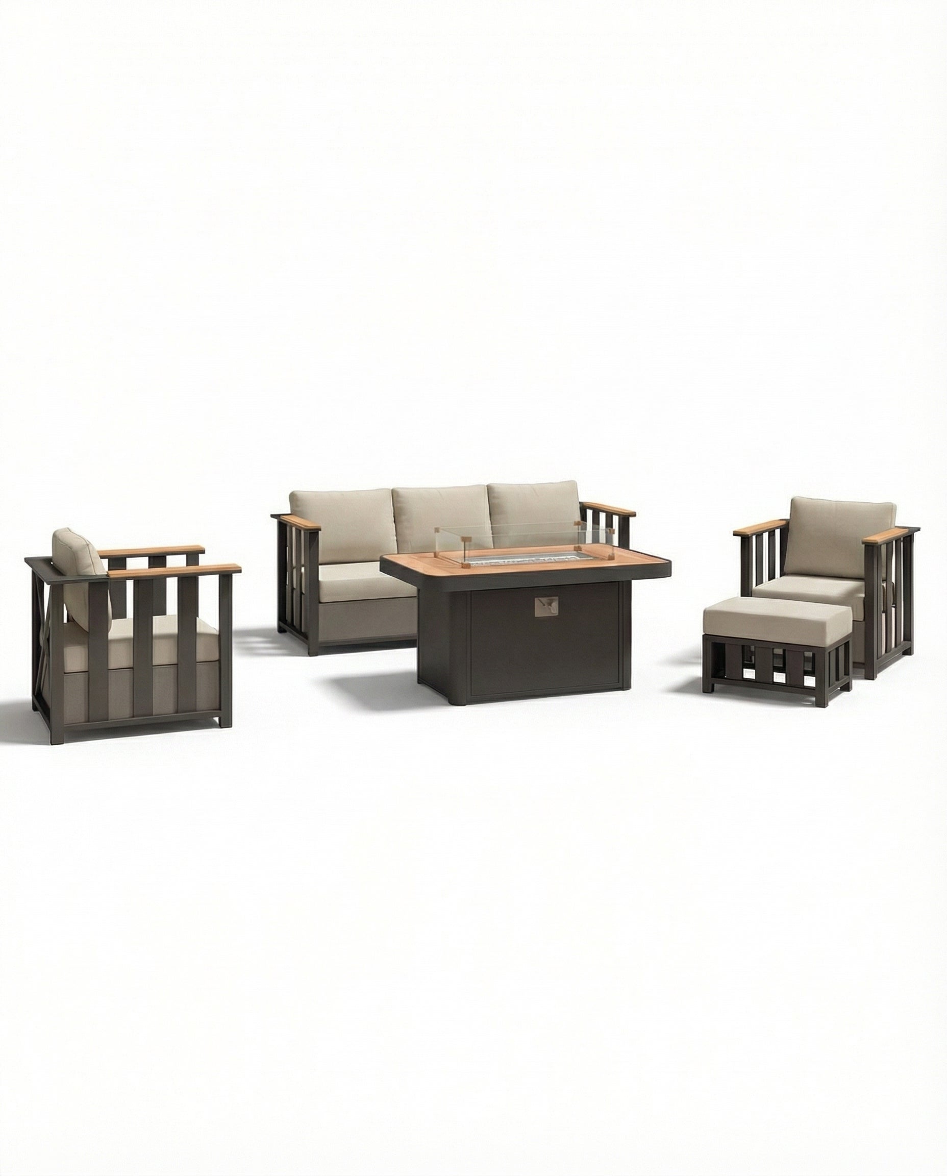 Cape Town Light Beige Grey Outdoor Lounge Chair & Sofa Set With Firepit Table & Footrest