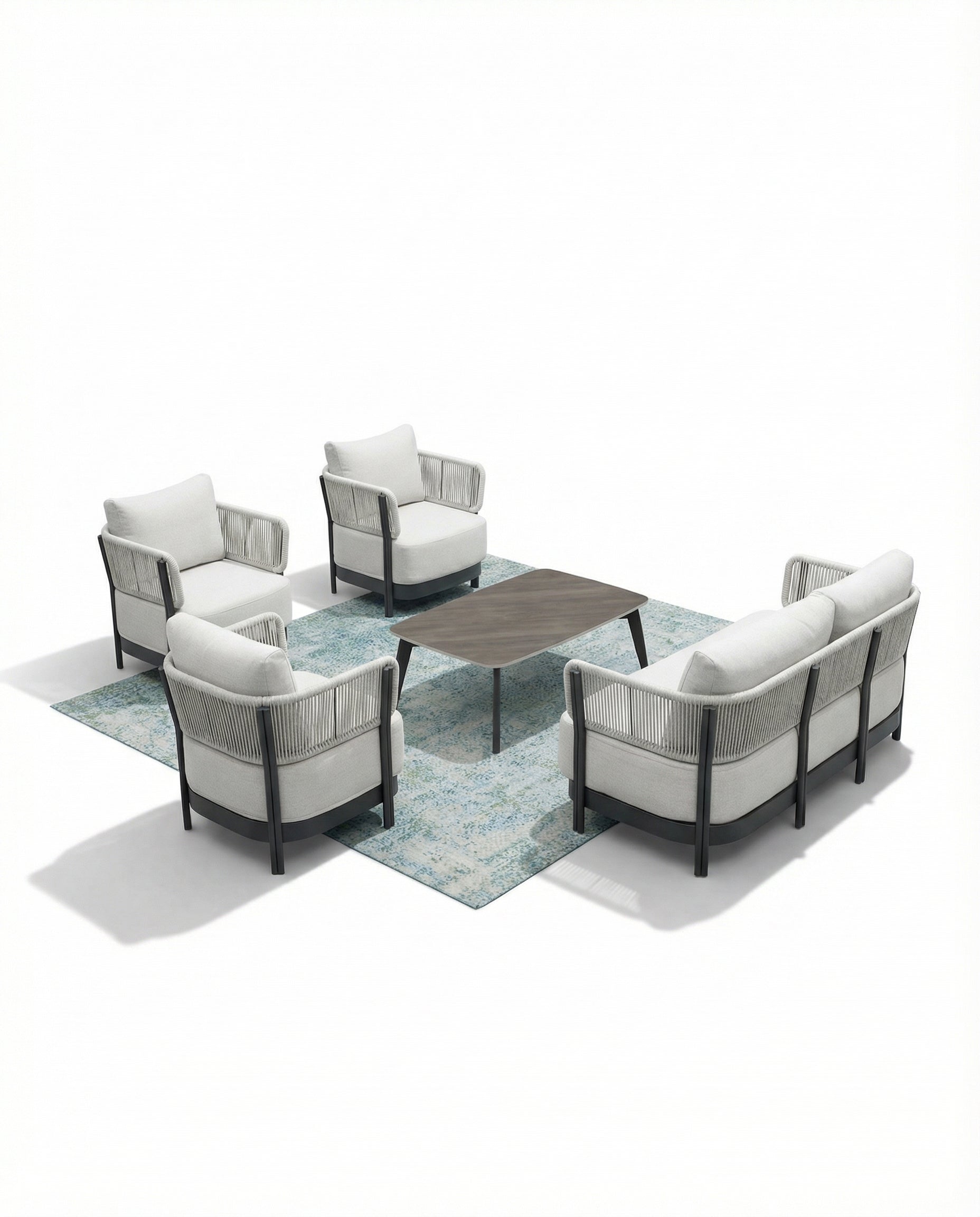 Prague Dark Grey Woven Outdoor Lounge Chair & 2-Seater Sofa With Coffee Tables