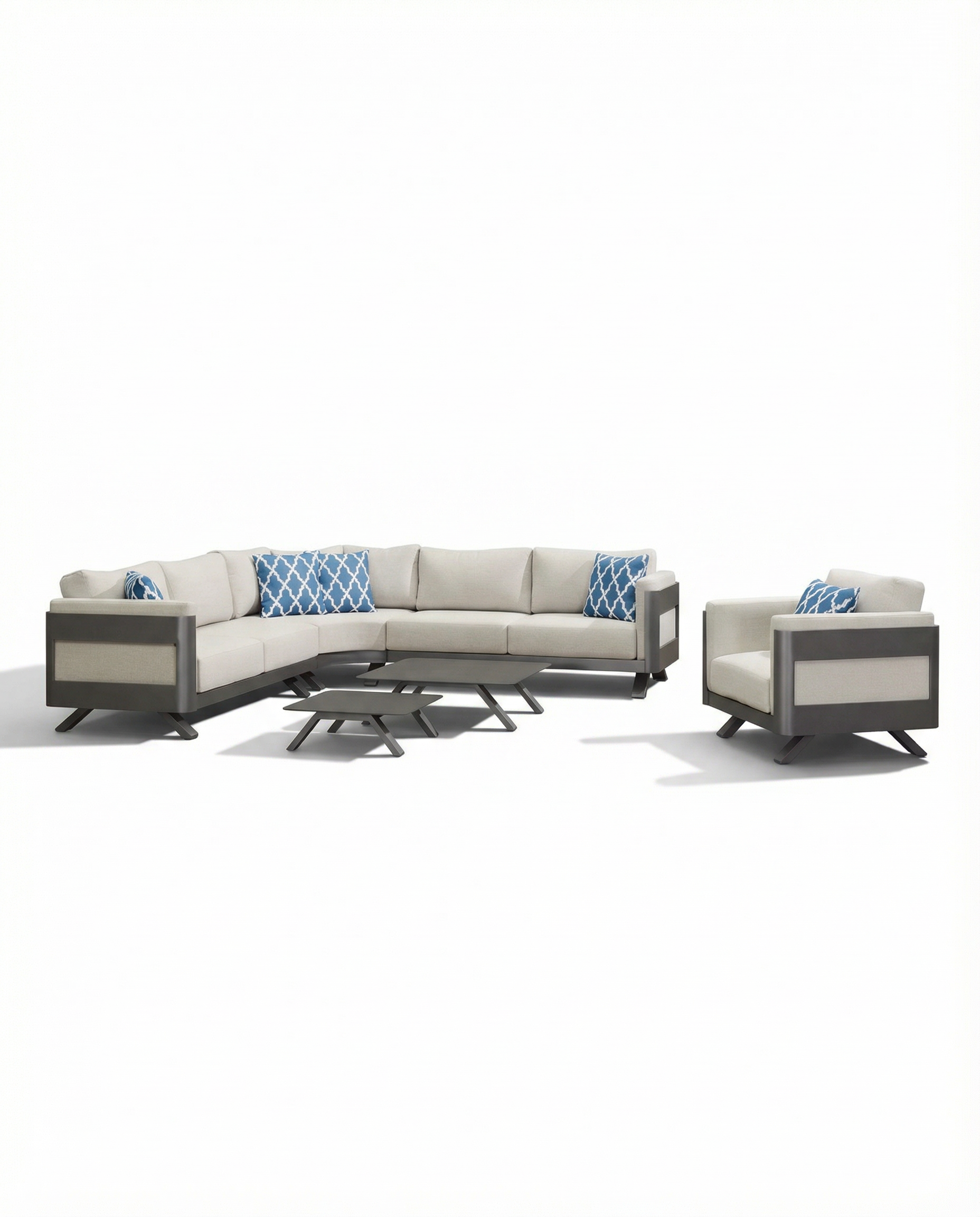 Realdo Dark Wood Outdoor Lounge Chair & RAF_LAF 2-Seater With Corner & Coffee Tables